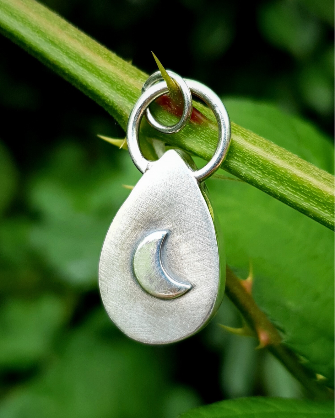 The back of a teardrop moonstone pendant is visble. The metal is bright shiny silver and the bail loop is large and sits atop it like a silver halo. There is a 3D crescent moon design on the reverse symbolic to the rainbow moonstone gemstone in the front. The pendant is photographed hanging on a thorn amongst the leaves and twigs of a bramble bush. The whole image is luscious green and bathed in natural light.