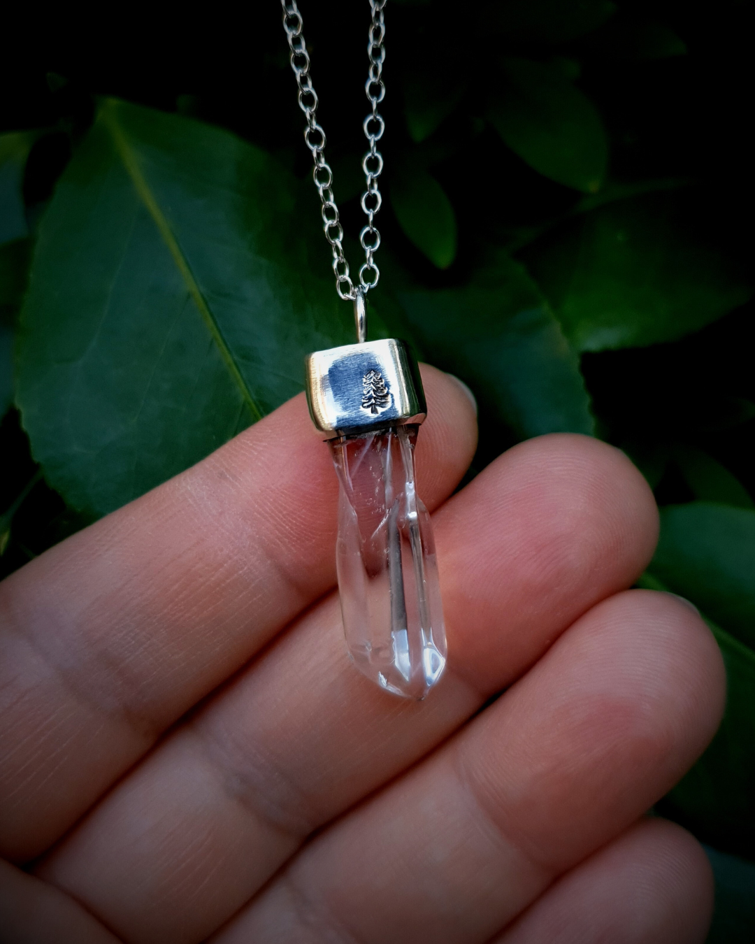 A pendant hangs from a dark green bush, propped up by the photographers fingers to show the size of it. The pendant comprises of a clear quartz point in a sterling silver setting. A fir tree has been stamped into the silver setting and oxidised black so that the detail stands out.