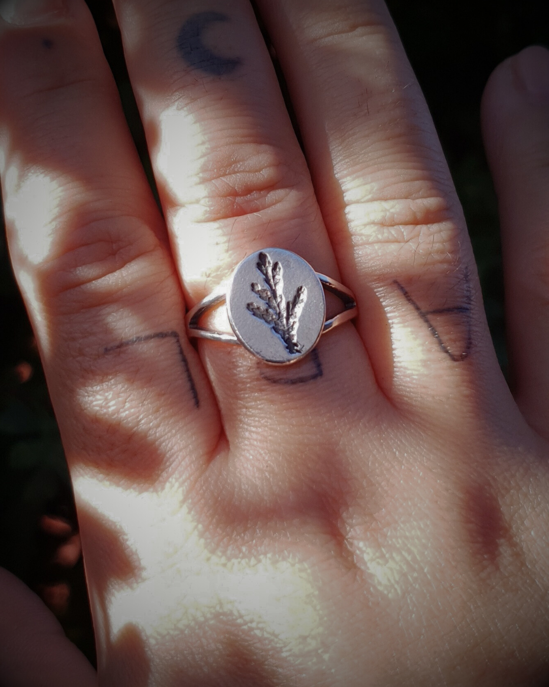 A tattooed hand wears a silver ring held up against a dark green background.
The ring features an oval top with an oxidised cypress sprig pressing and a split band.