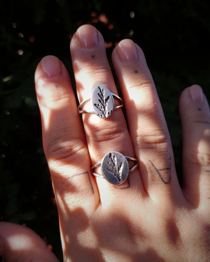 A tattooed hand wears 2 silver rings held up against a dark green background.
The rings feature an oval top with an oxidised cypress sprig pressing and a split band.