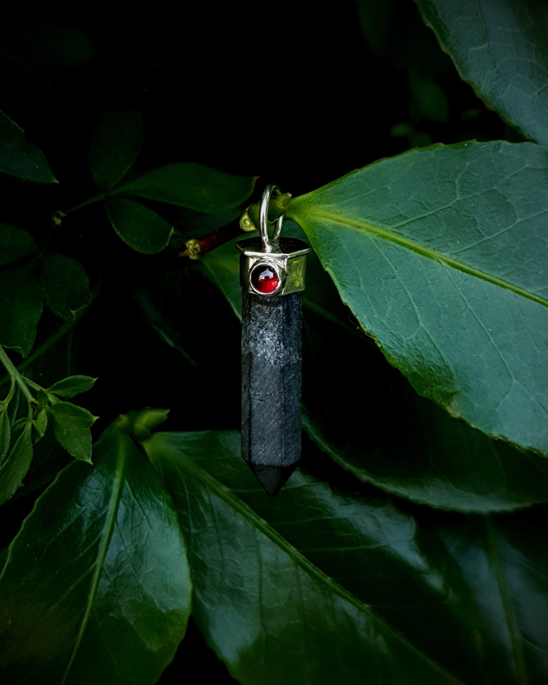 A black tourmaline point hangs from a branch surrounded by lush green leaves and foliage. The tourmaline is matte in contrast to the juicy red garnet and shiny silver. The image is lit by natural daylight.