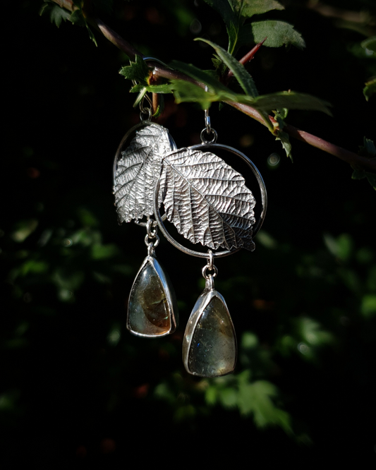 Two silver earrings hang from a leafy branch in front of dark green, out-of-focus background. They are comprised of a silver circlet with a solid silver bramble leaf in front of it. A small teardrop shaped labradorite hangs below it from the circlet. The labradorites shine turquoise and golden-brown in the light; and the bramble leaves are complete with natural details including veins. The earrings are illuminated in natural sunlight.
