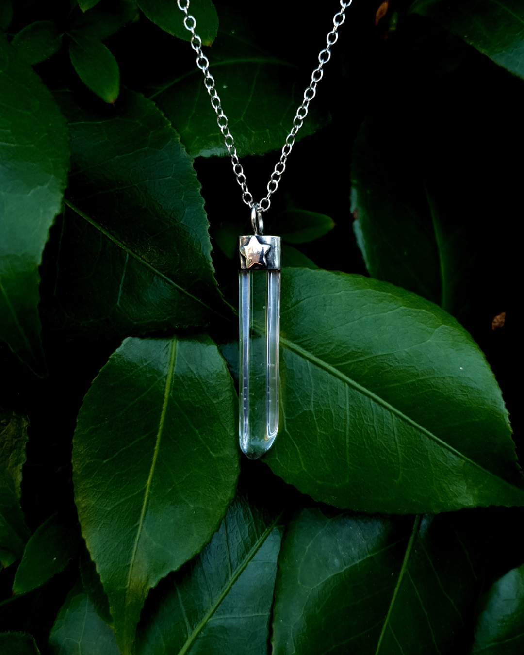A pendant hangs in front of a dark green backdrop of luscious green leaves. The pendant comprises of a clear quartz point in a sterling silver setting. A fir tree has been stamped into the silver setting and oxidised black so that the detail stands out. 