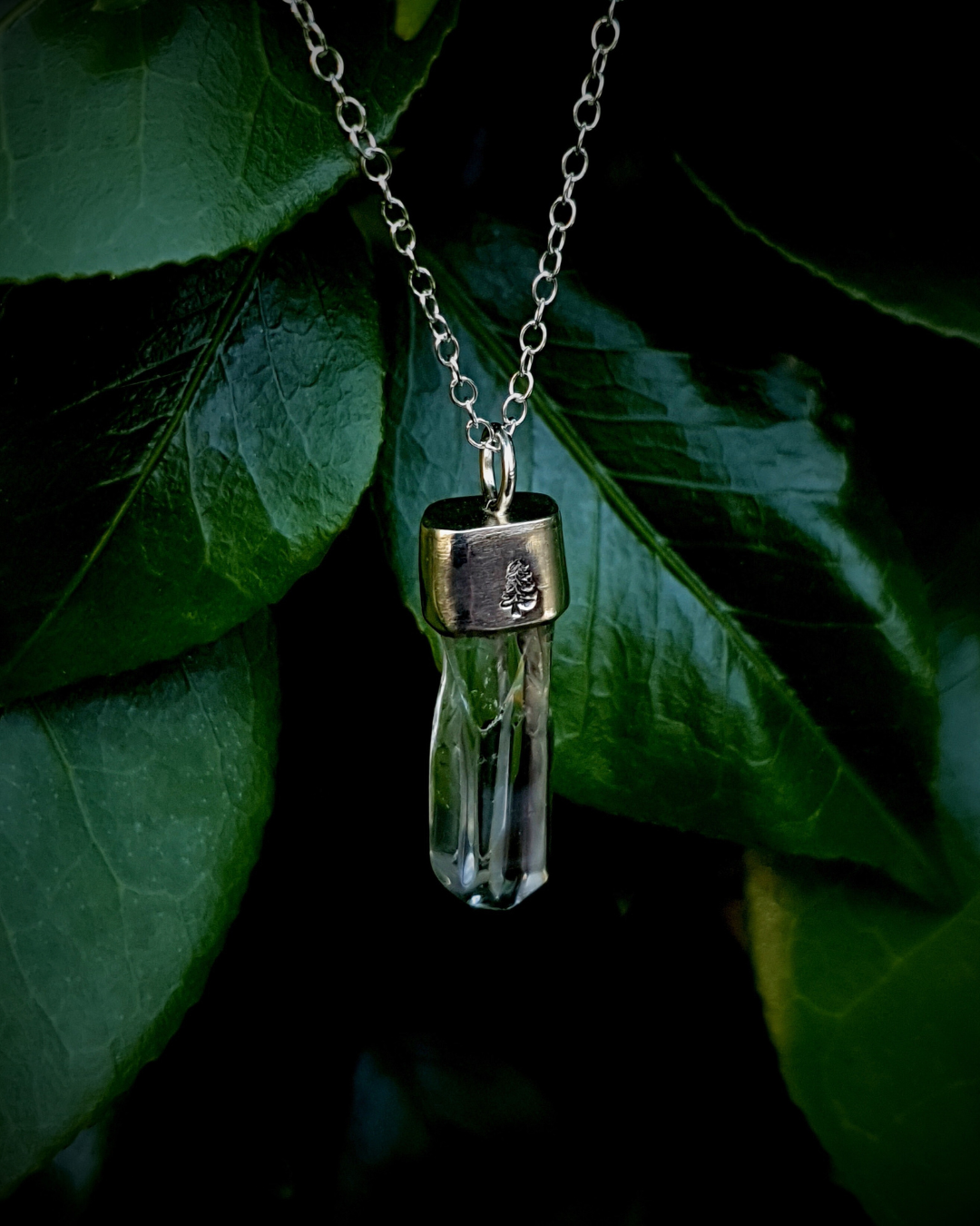 A pendant hangs in front of a dark green bush of luscious leaves. The pendant comprises of a clear quartz point in a sterling silver setting. A fir tree has been stamped into the silver setting and oxidised black so that the detail stands out. It is taken in natural daylight and the pendant is full of shining facets