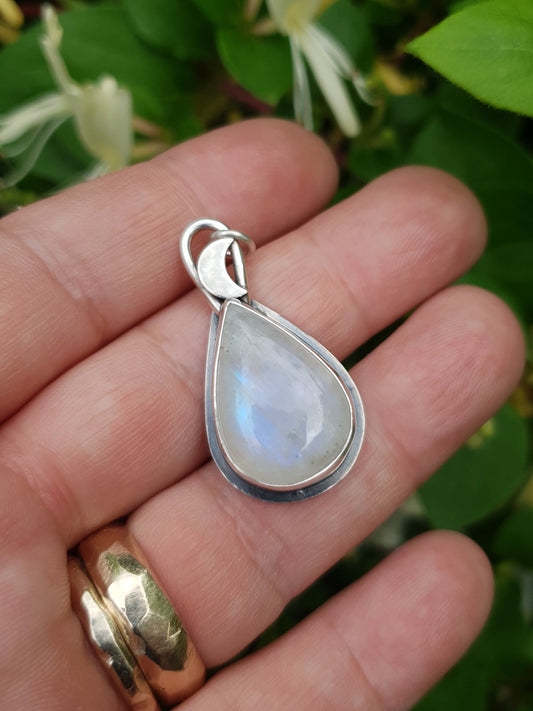 Rainbow Moonstone Crescent Pendant