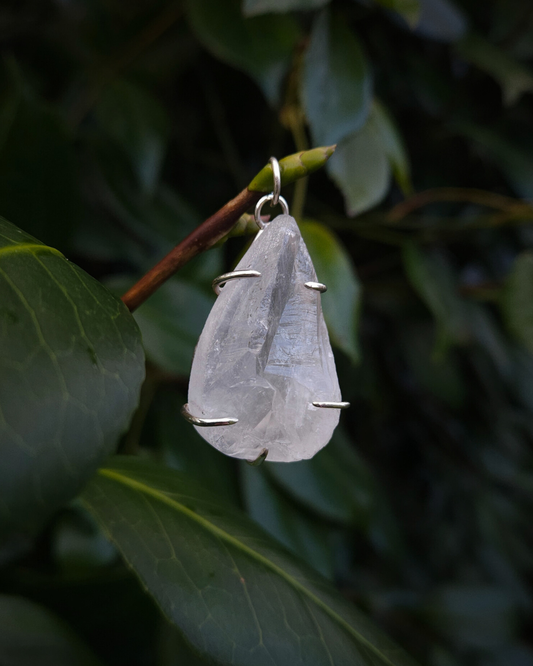 a rough, teardrop shaped quartz pendant is photographed from the front, hung from a thin twiggy branch amongst dark green leaves. It's in a simple sterling silver setting so that the light is let in to illuminate its rich natural textures.