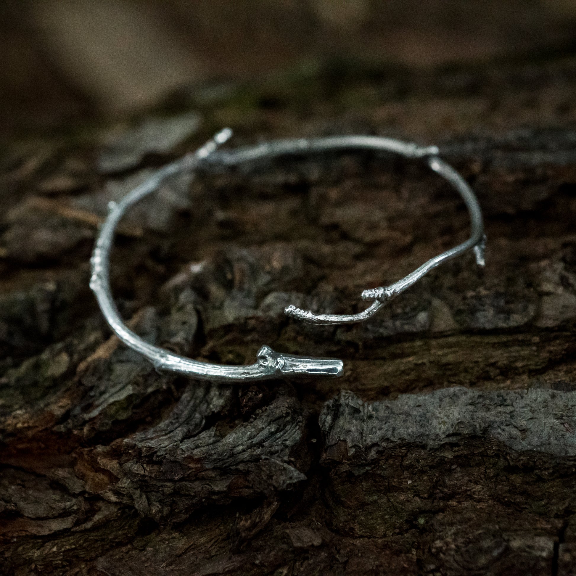 A sterling silver twig bracelet sits on the dark bark of a fallen tree.