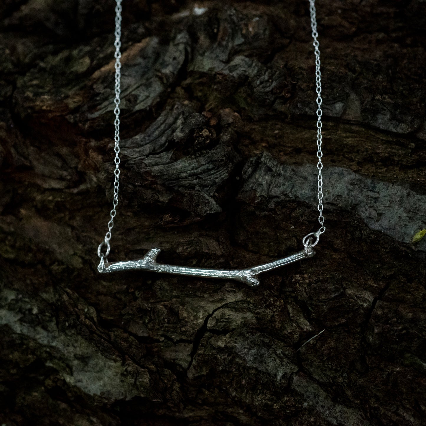 A silver woodland necklace on a dark, bark backgound